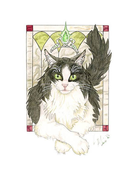 regal black and white long haired cat art in colored pencil. her front paws are crossed and she is posed in front of a stained glass window wearing a crown