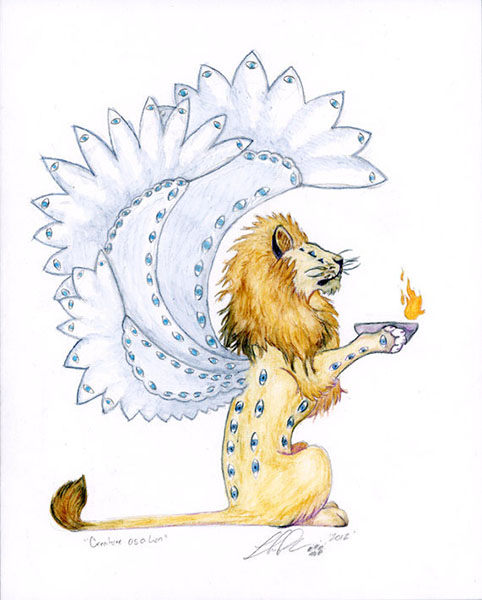 watercolor pencil drawing of one of the four creatures spoken of in the Book of Revelation. The lion creature, winged, holding a lamp and covered in eyes