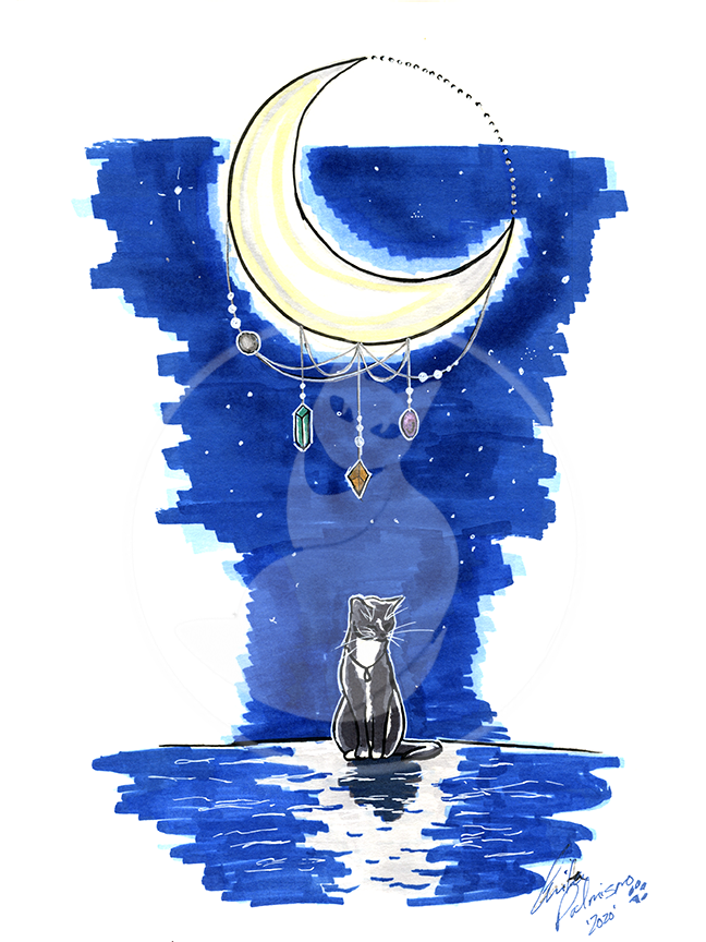 a traditional media piece of artwork done with markers and gel pens featuring a moon hung with beaded strings shining down on a little black tuxedo cat'