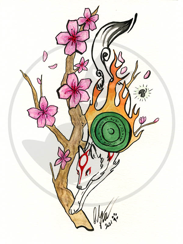 watercolor and ink drawing of a whilte wolf with a green flaming disc on her back and cherry blossoms in the background'