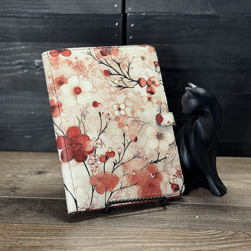 notepad holder featuring a red and cream cherry blossom design