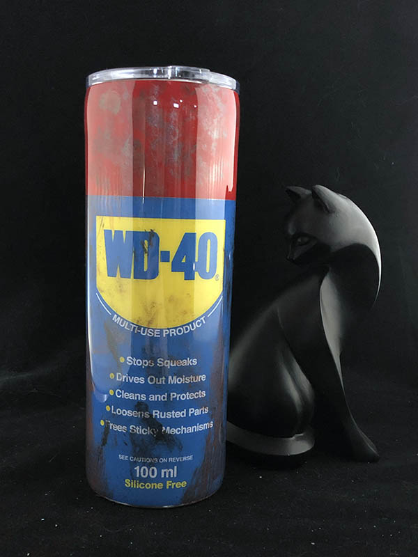 straight sided tumbler decorated to look like a used can of WD-40